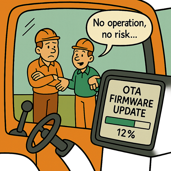 Two operators standing beside an industrial vehicle
            while its dashboard displays an OTA firmware update
            progressing at 12 percent
